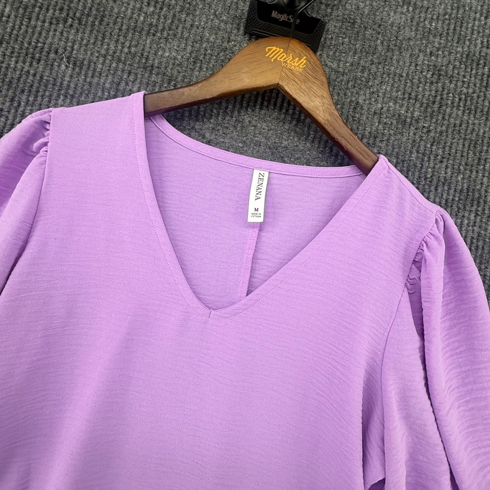 Zenana Top Women Size M Purple Excellent V-Neck Puff Sleeve Textured QT-7134D4